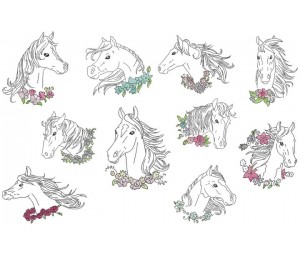 Stickdserie - Blumen Pferde Line Art